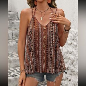 Boho geo print button detail halter top